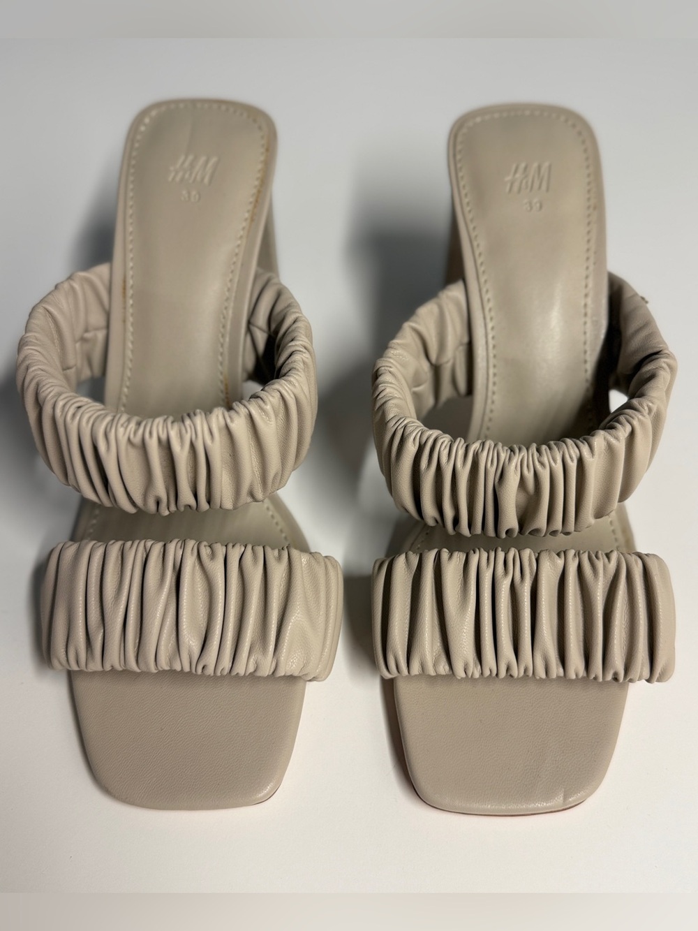 H&M Ruched Double-Strap Slide Sandals in Taupe